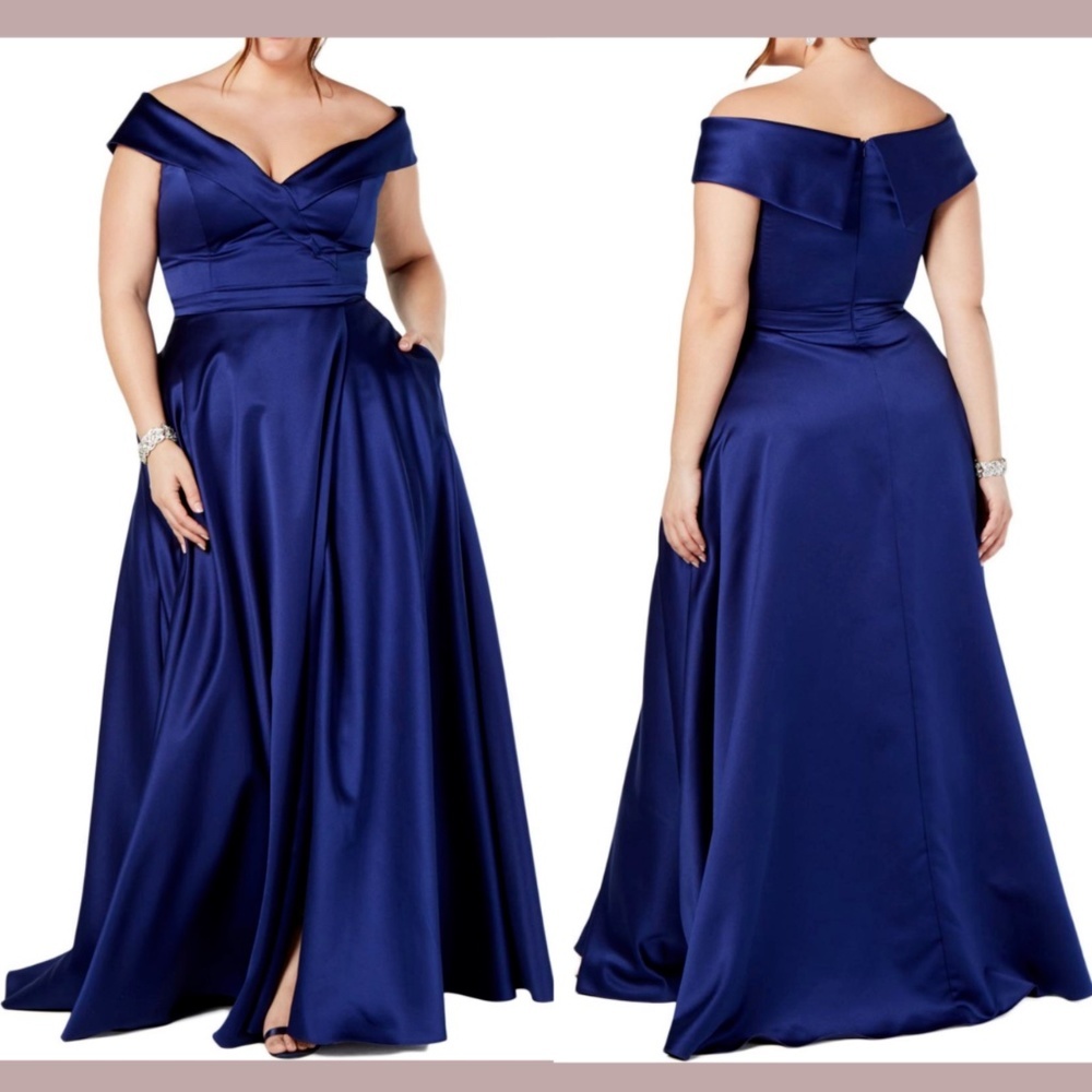 NWT $299‎ XSCAPE [PLUS SZ 22W ] Satin Off Shoulder Ball Gown in Royal Blue #G832